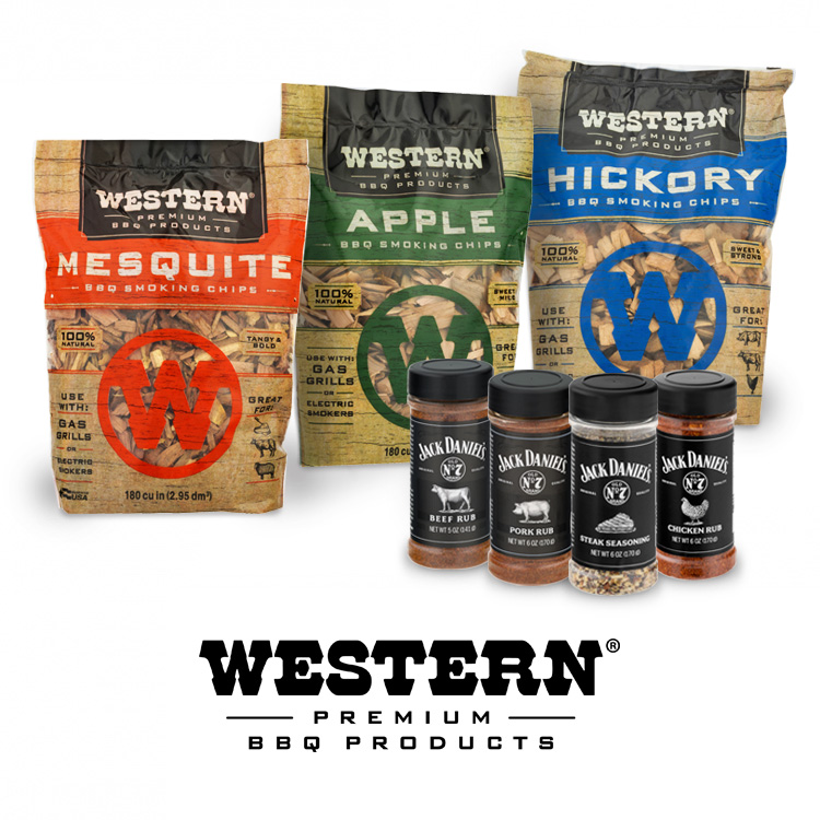 Group of Western Premium BBQ Products, including Mesquite, Apple and Hickory chips and a variety of Jack Daniel's rubs and seasonings