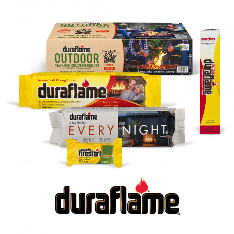 Display of Duraflame products, including firelogs, firestarters and matches