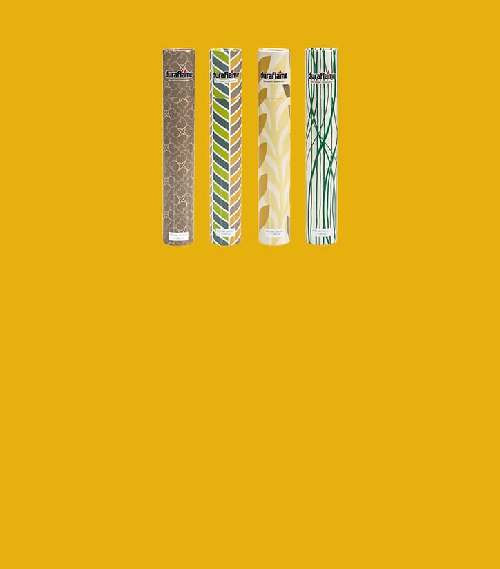 DURAFLAME® LONG-STEM DÉCOR MATCHES in four designs no a deep yellow background