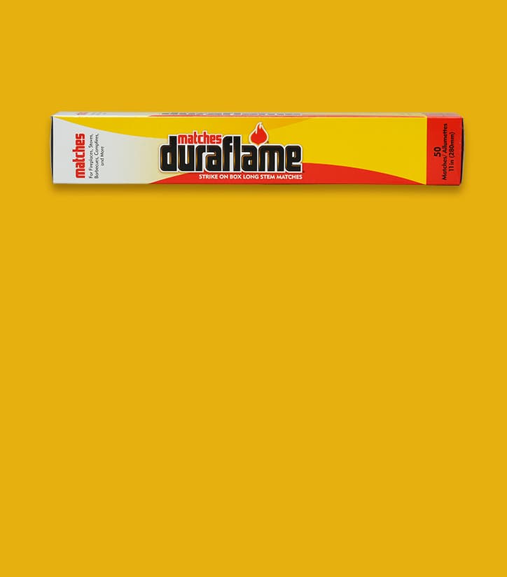 DURAFLAME® Long-Stem SAFETY MATCH box on a deep yellow background