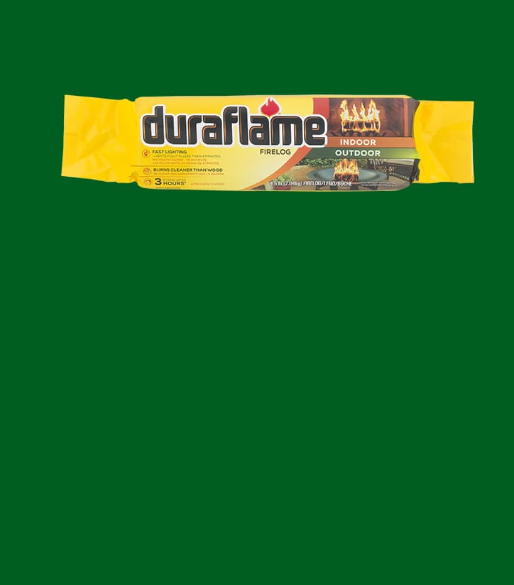 DURAFLAME® 4.5LB INDOOR/OUTDOOR FIRELOG in packaging on a dark green background