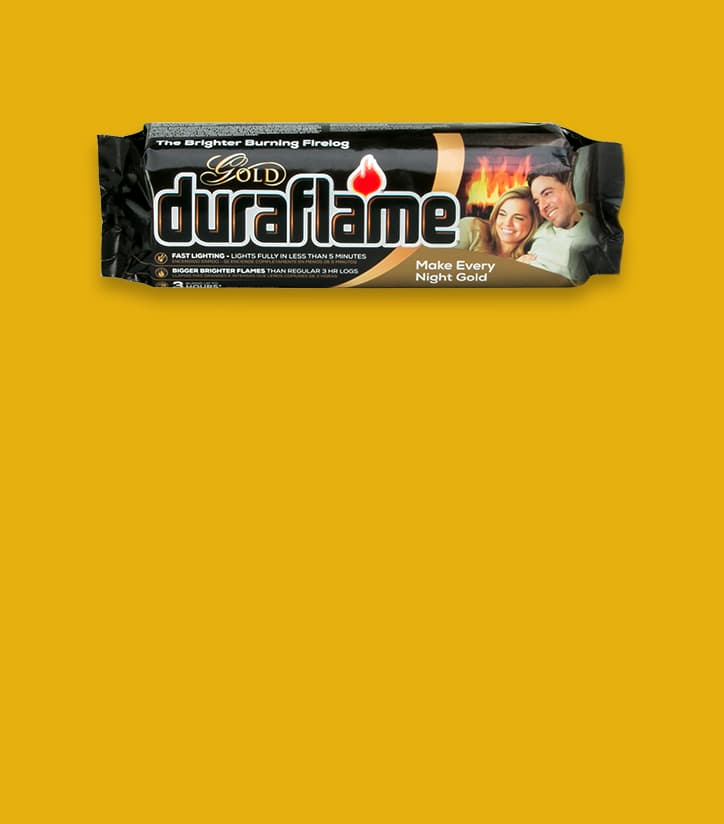 DURAFLAME® 4.5LB GOLD FIRELOG in packaging on a deep yellow background