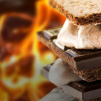 Roasted chocolate marshmallows, chocolate graham crackers & chocolate s'mores with flames in background