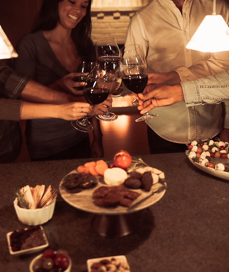 People clinking filled wine glasses with a fire burning in the background and appetizers in the foreground