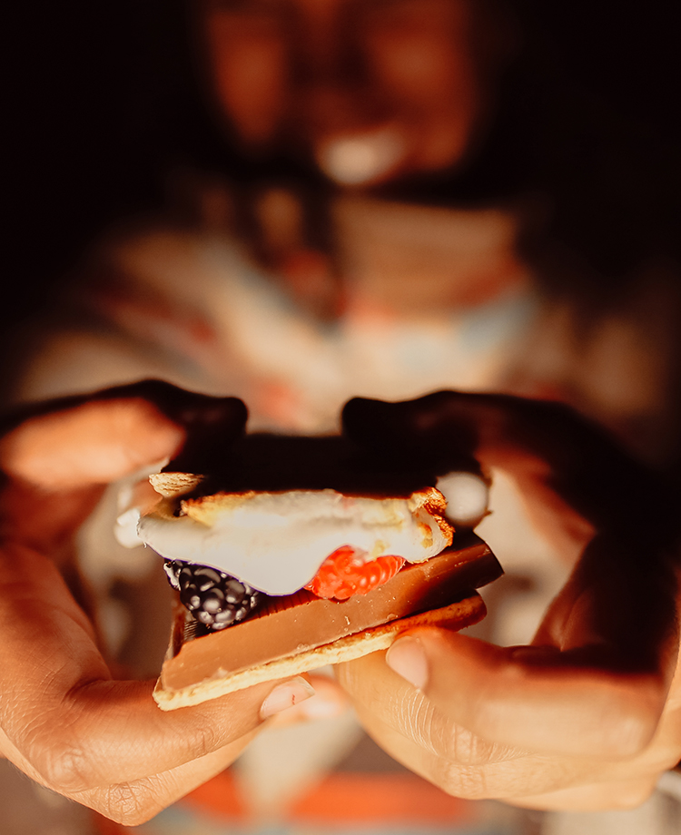 Close up of hands holding s'mores with roasted marshmallow, chocolate and berries.