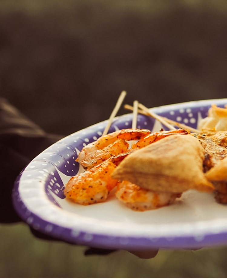 Plate with chicken empanadas, spanikopita and shrimp skewers