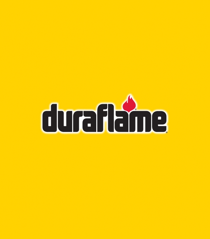 The duraflame logo with red flame on a bright yellow background