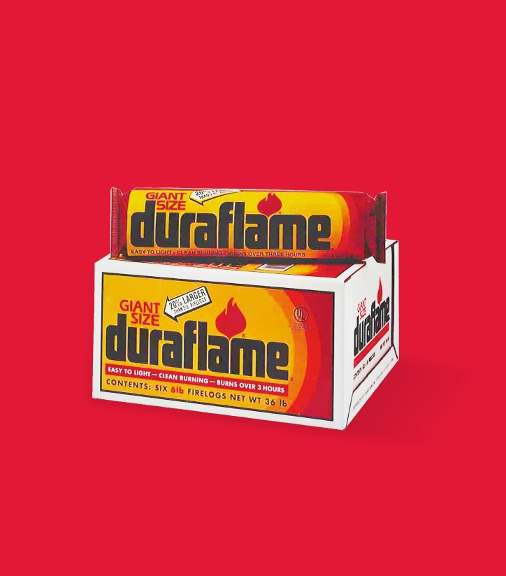 Packaging design of log and case of duraflame firelogs from 1986
