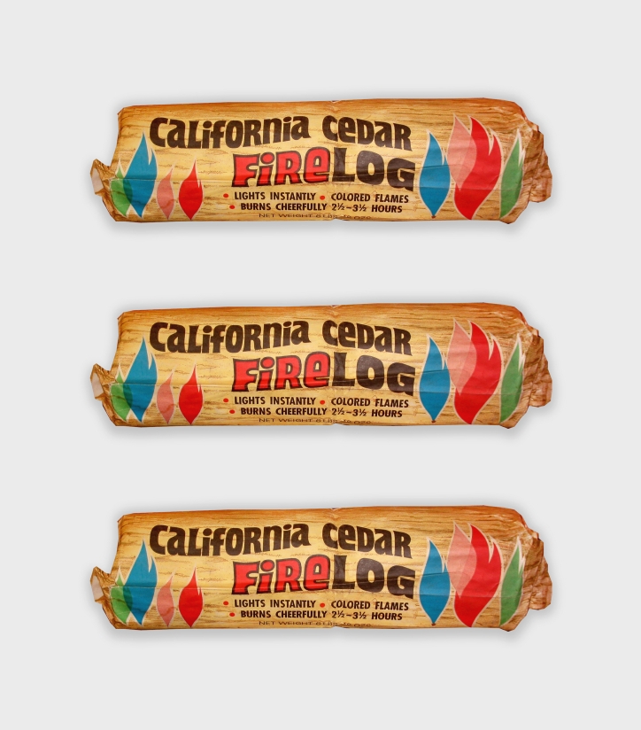 The first manufactured firelog, California Cedar Firelog packaging