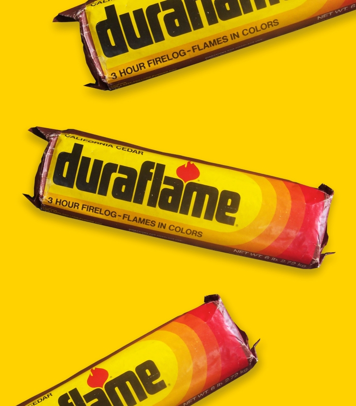 Packaging of first duraflame brand firelogs on a bright yellow background