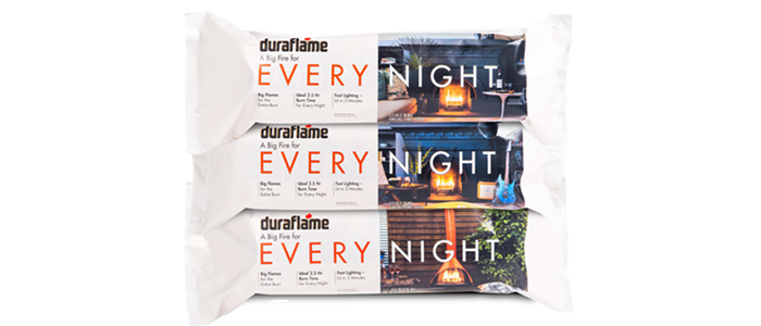 Every Night firelogs stacked, displaying 3 different hearth scenes on packaging introduced in 2019