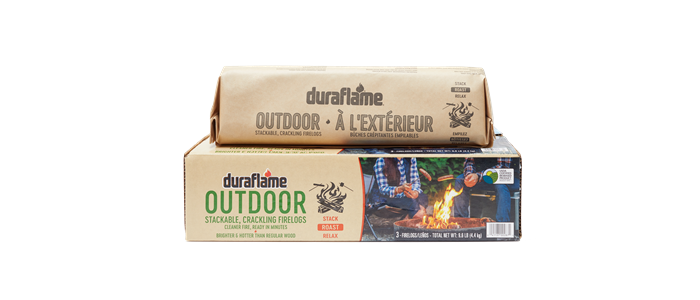 A single log on top of case of duraflame OUTDOOR firelogs introduced in 2020
