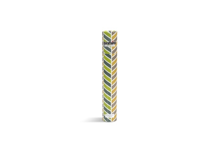 DURAFLAME® LONG-STEM DÉCOR MATCHES vertical standing cylinder with lime green & charcoal grey and toffee & light grey chevron design