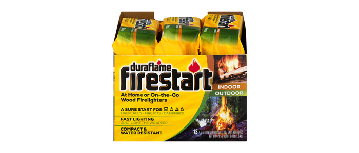 duraflame firestart  fire lighter case open at top showing top layer of firestart fire starter