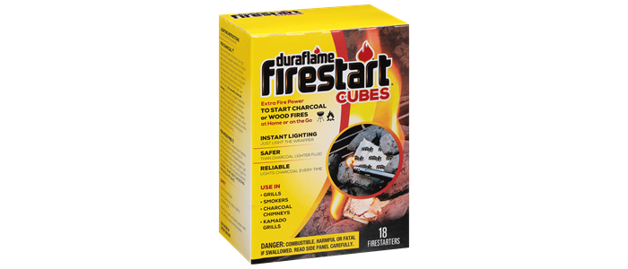 Box of 18 FIRESTART® CUBES FIRESTARTERS packaging with image lighting a charcoal fire 