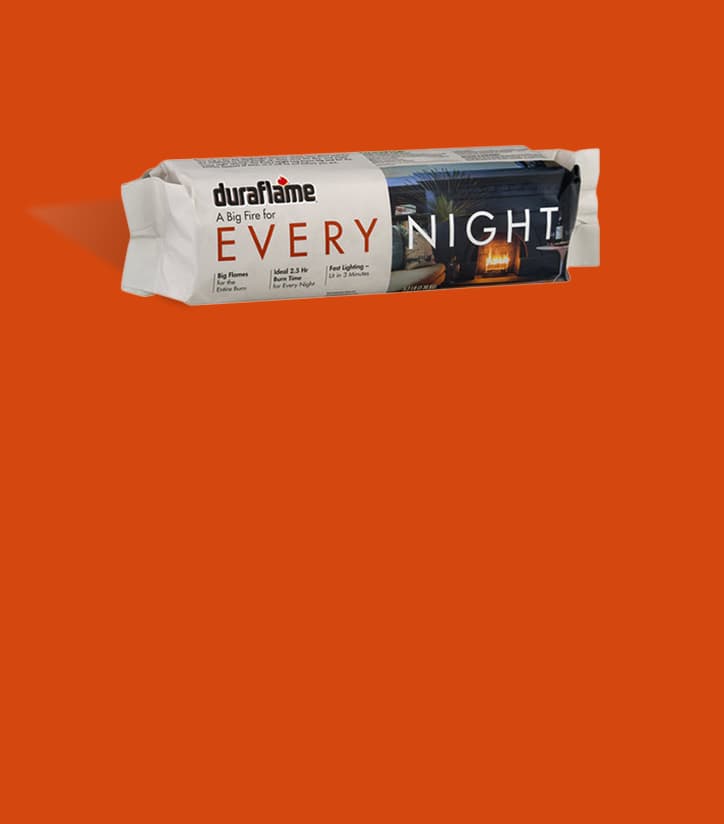 DURAFLAME® EVERY NIGHT FIRELOG in packaging on a red-orange background