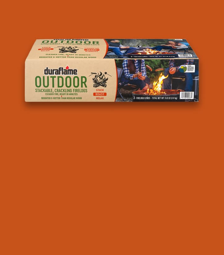 DURAFLAME® OUTDOOR FIRELOGS Box on a red-orange background