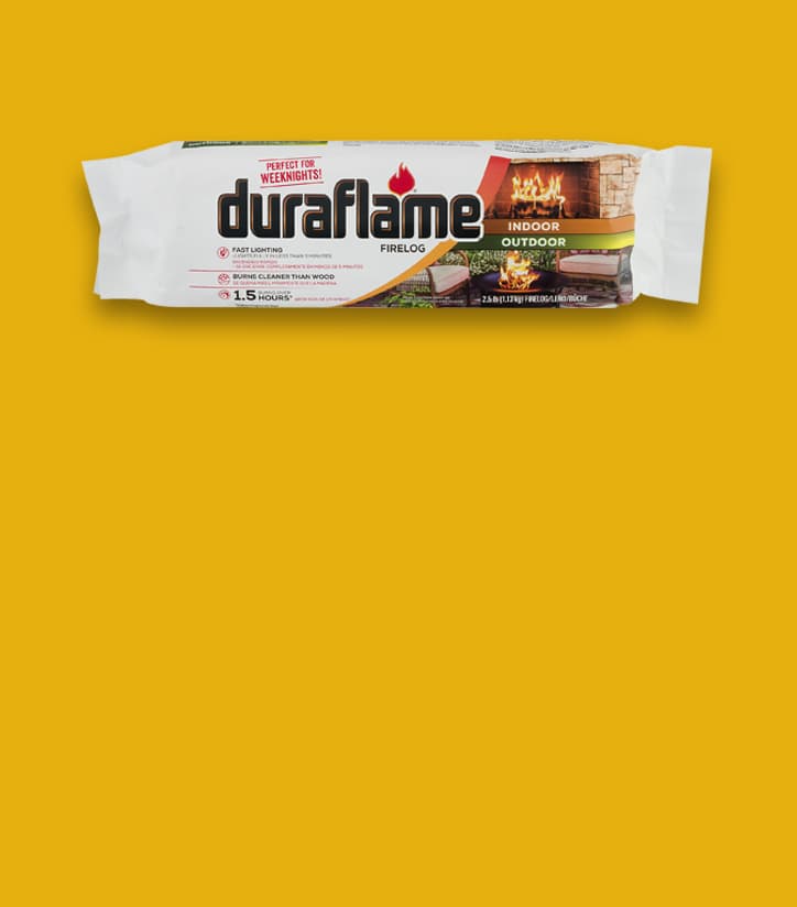 DURAFLAME® 2.5LB indoor/outdoor FIRELOG in packaging on a bright yellow background