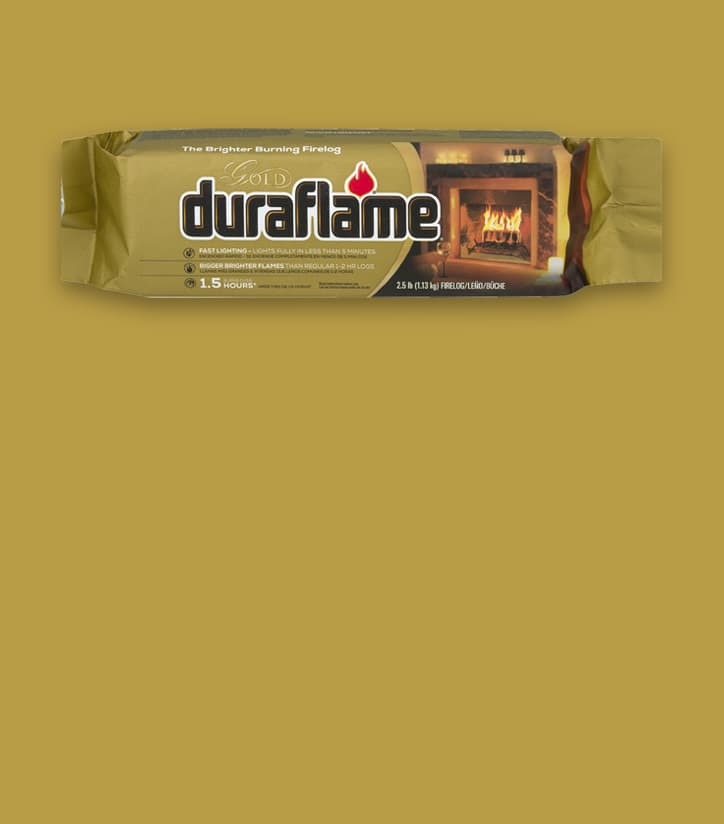 DURAFLAME® 2.5LB GOLD FIRELOG in packaging on a gold background