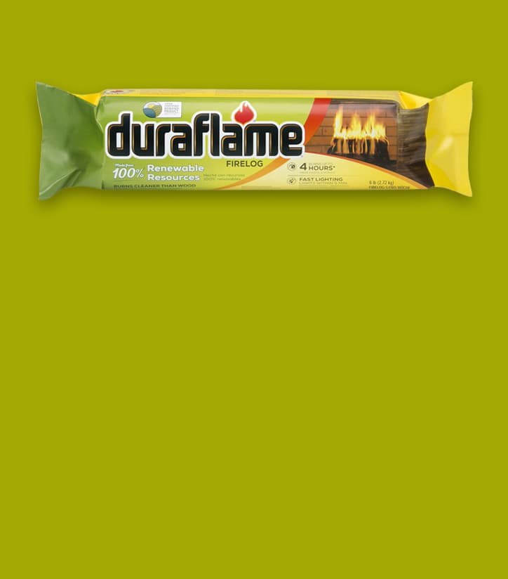 DURAFLAME® 6LB 100% RENEWABLE FIRELOG in packaging on a lime green background