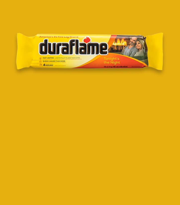 Duraflame® 6LB Firelog in packaging on a deep yellow background