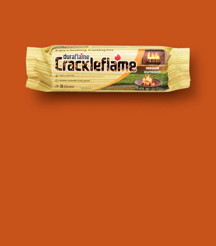 CRACKLEFLAME® Indoor/Outdoor FIRELOG in packaging on a dark orange background
