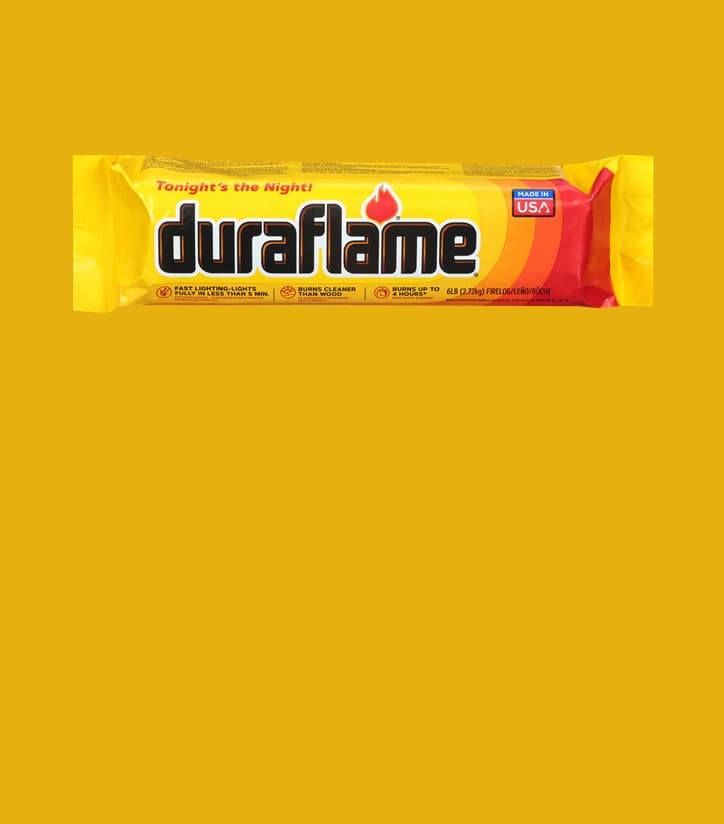 Duraflame® 6LB Firelog in packaging on a deep yellow background