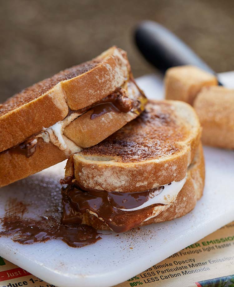 Roasted marshmallows and melted chocolate sandwiched between cinnamon toast