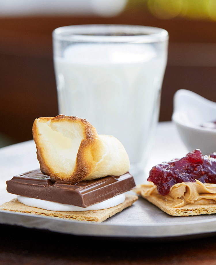 Peanut butter and jelly s'mores on plate with glass of milk