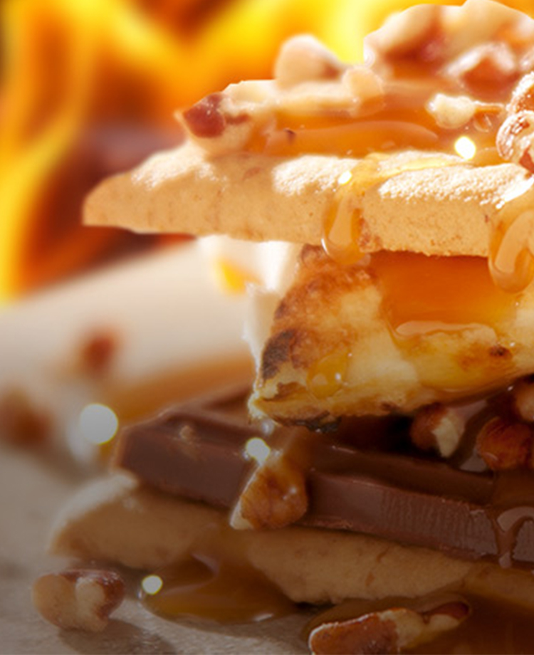 Graham crackers, marshmallow, chocolate, pecan and honey s'mores with flames in background