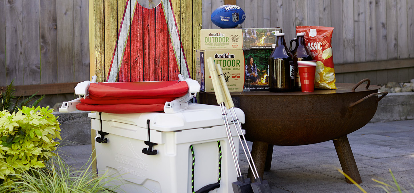 Tailgating items: backyard games, cooler, drinks and snacks, fire pit, OUTDOOR firelogs