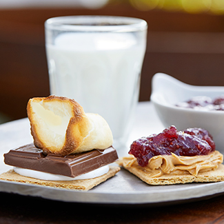 Peanut butter and jelly s'mores on plate with glass of milk