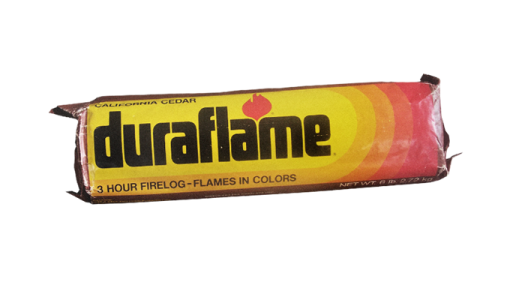 The first firelog using the duraflame brand name packaging from 1972