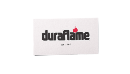 The first duraflame brand logo with distinctive black font and red flame from 1968