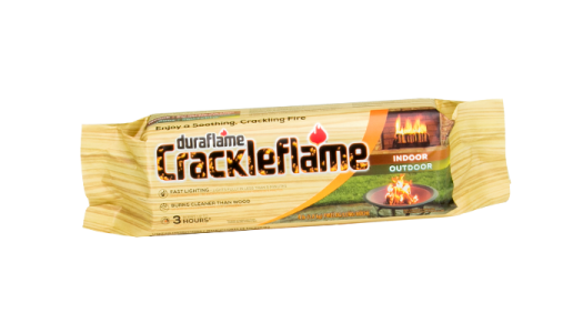 Packaging of a single duraflame Crackleflame firelog whose new formula for indoor/outdoor use was introduced in 2018