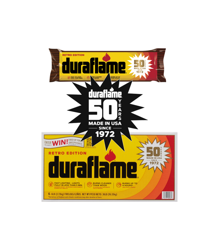 Retro Edition 50th anniversary packaging of the duraflame 6lb firelog and case