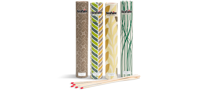 4 packaging designs of DURAFLAME® LONG-STEM DÉCOR MATCHES with several long-stem matches lying in foreground
