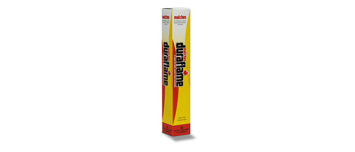 DURAFLAME® safety strike-on-box long-stem matches packaging standing vertically on end showing two sides of box