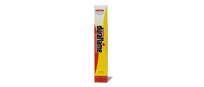 DURAFLAME® safety strike-on-box long-stem matches packaging standing vertically on end