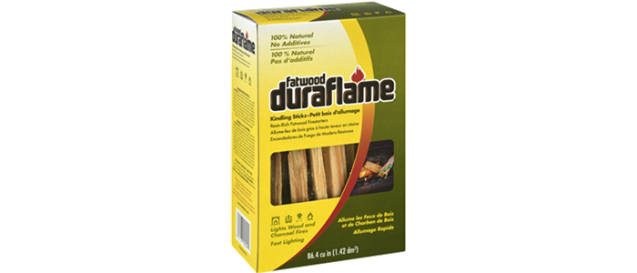 Box of DURAFLAME® FATWOOD FIRESTARTERS packaging with weight of 86.4 cubic inches