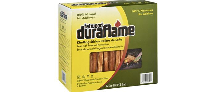 Box of DURAFLAME® FATWOOD FIRESTARTERS packaging with weight of .125 cubic feet