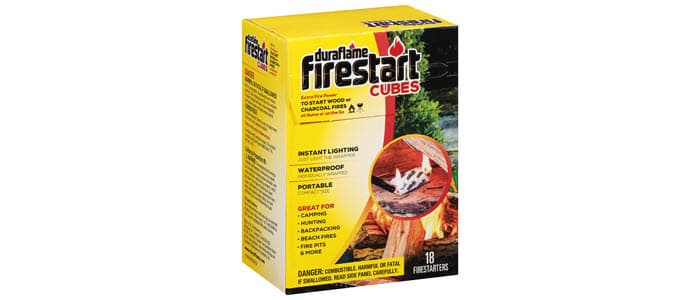 Box of 18 FIRESTART® CUBE FIRESTARTER alternate view of packaging with image lighting a wood fire
